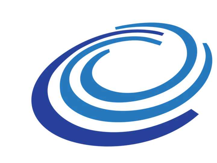 blue swirl logo with three curved lines on a gray background.