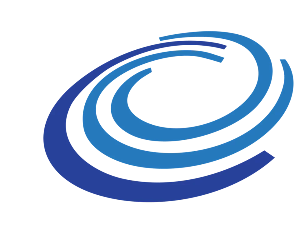 blue swirl logo with three curved lines on a gray background.
