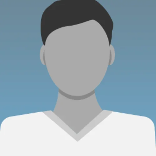 default profile icon representing a person without an uploaded image. Featuring a grey silhouette with dark hair and a blue background.